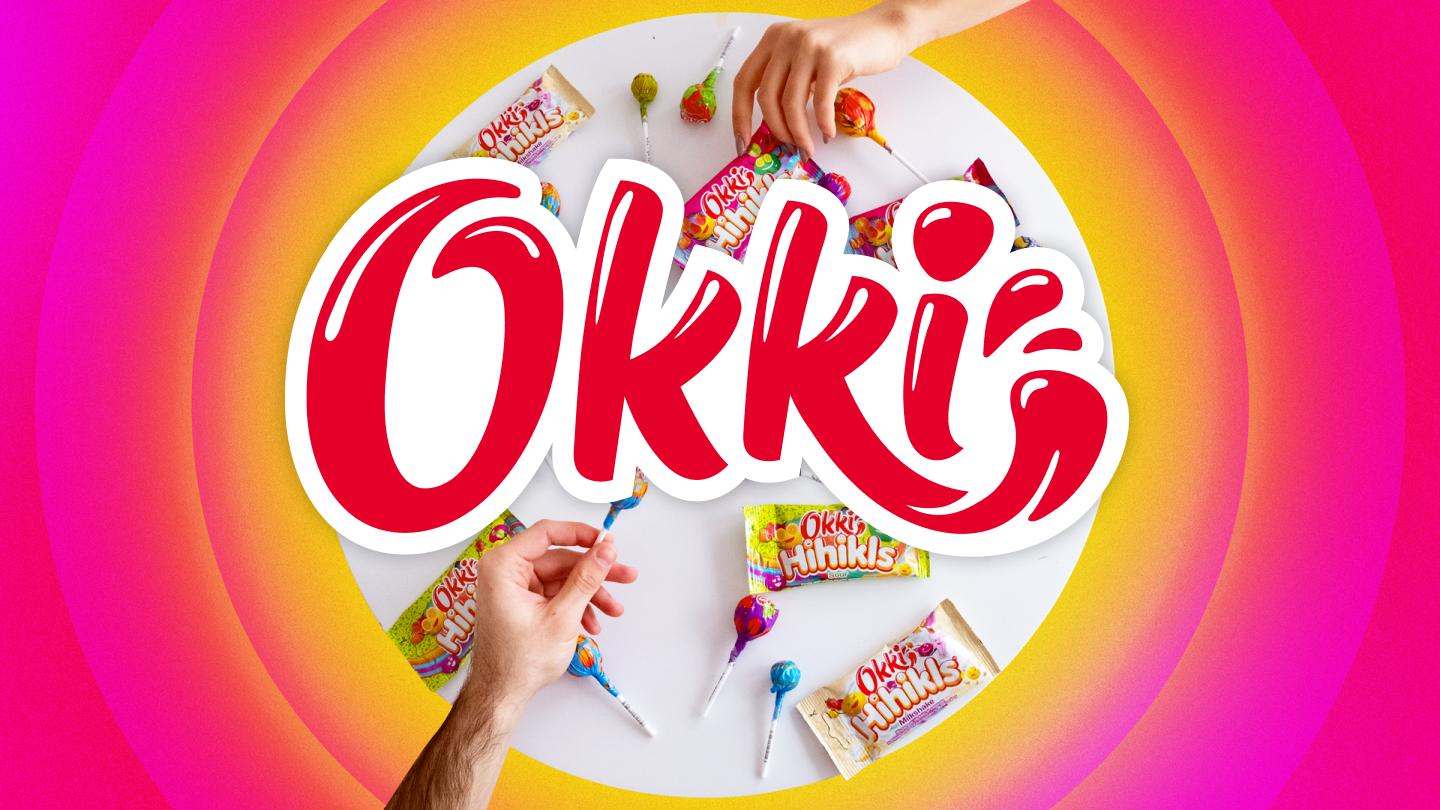 Okki Hihikls candy arranged around the Okki logo