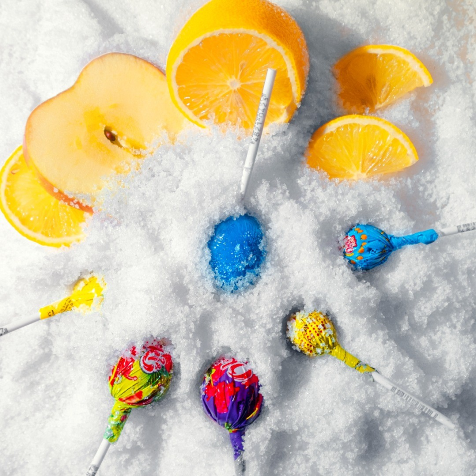 Lollipops, fruit and ice