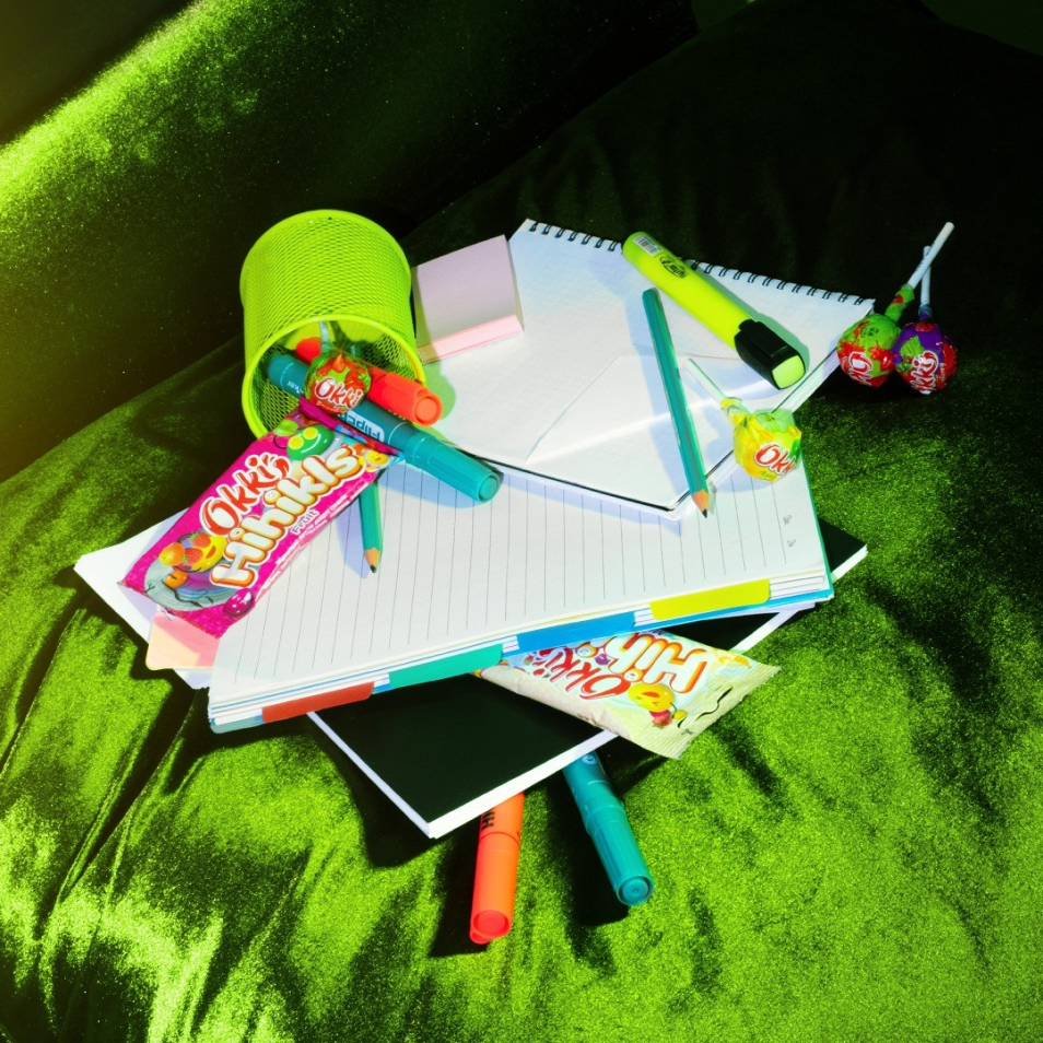 Okki candy with colourful stationery