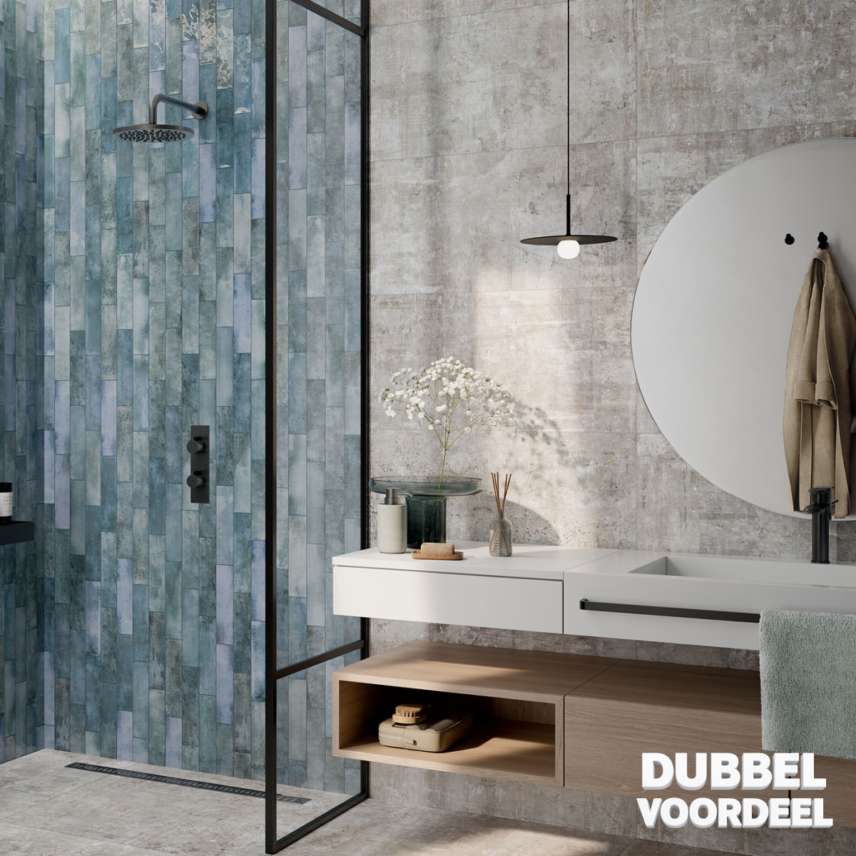 Instagram carousel slide showing a contemporary blue-tiled bathroom