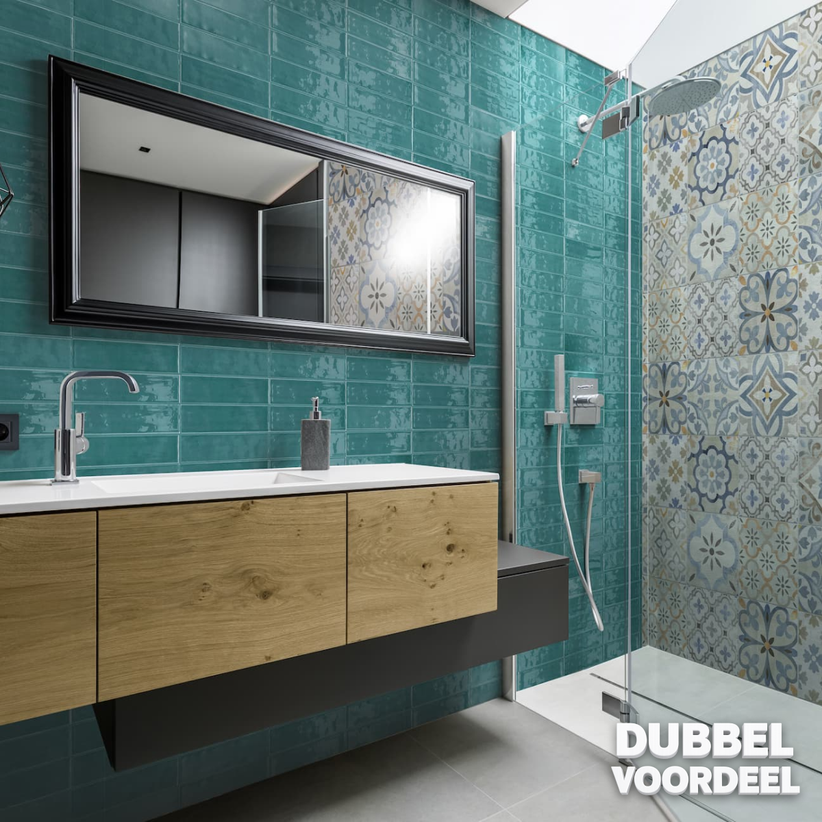 Instagram carousel slide showing a green-tiled bathroom