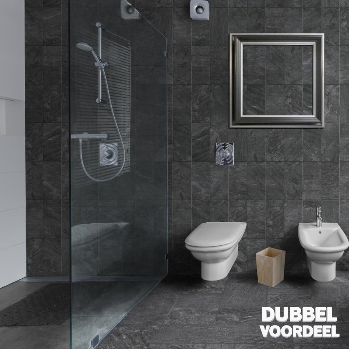 Instagram carousel slide showing a dark bathroom interior