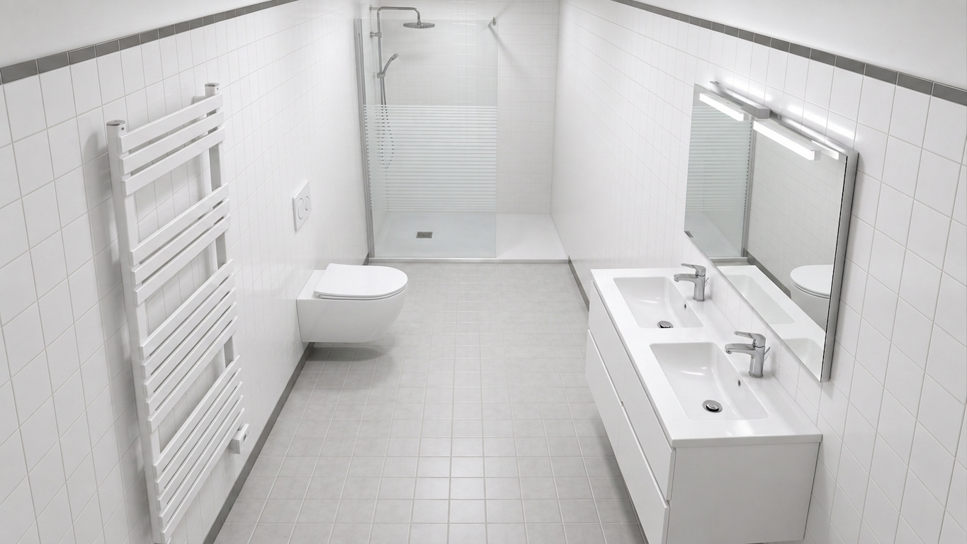 Generated white bathroom containing five products sourced from the Van Calster catalog