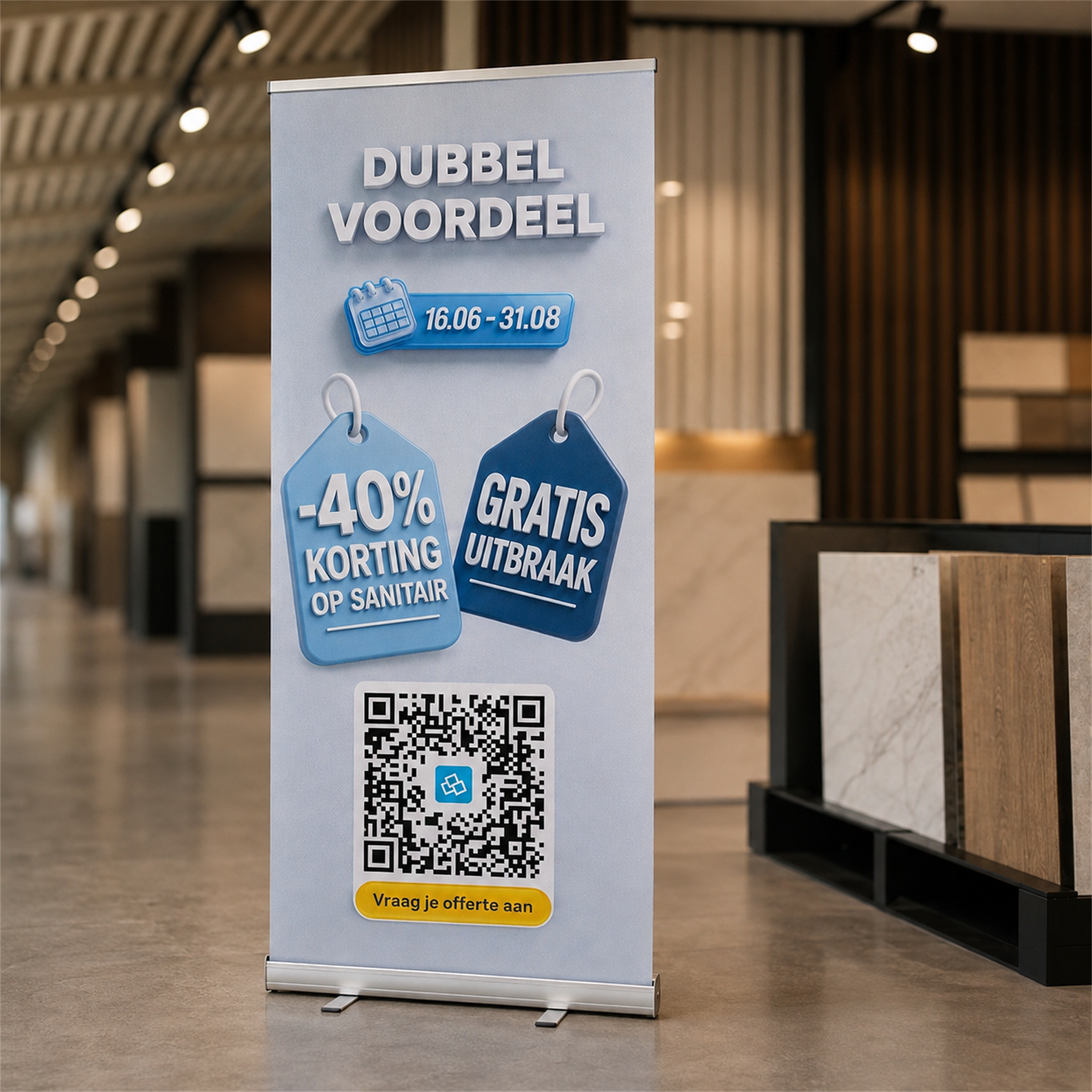 Van Calster Dubbel Voordeel roll-up displayed in a showroom