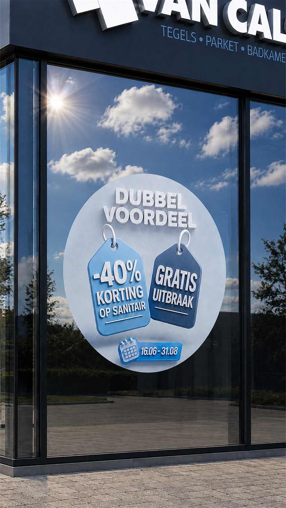 Van Calster Dubbel Voordeel sticker applied to a showroom window