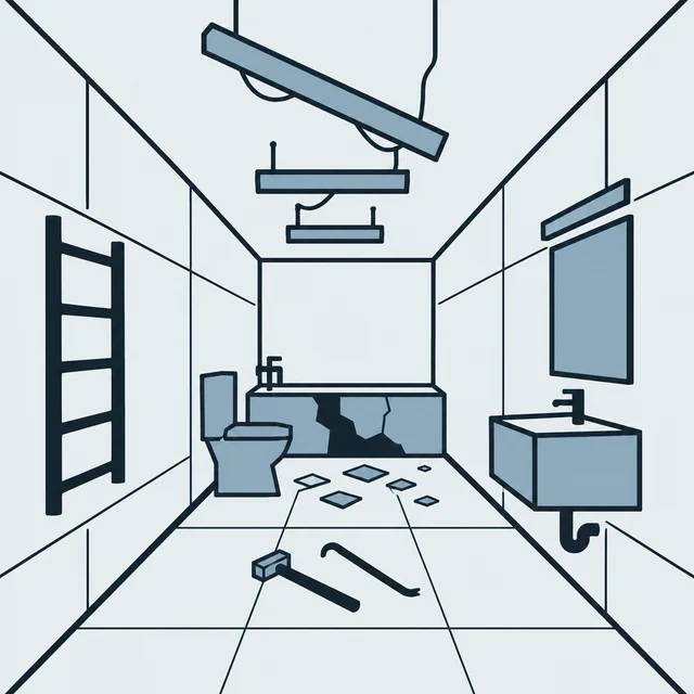 Draft of a damaged bathroom with hanging lamps and a broken bathtub