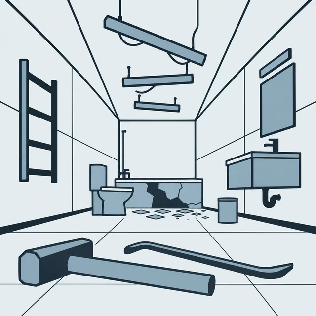 Low-angle bathroom draft with a hammer and crowbar in the foreground