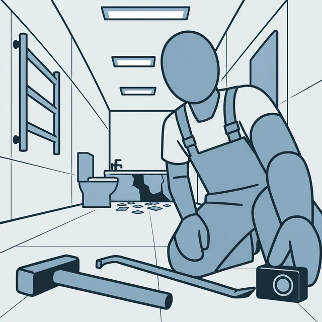 Draft of a faceless worker reaching toward the camera in the bathroom