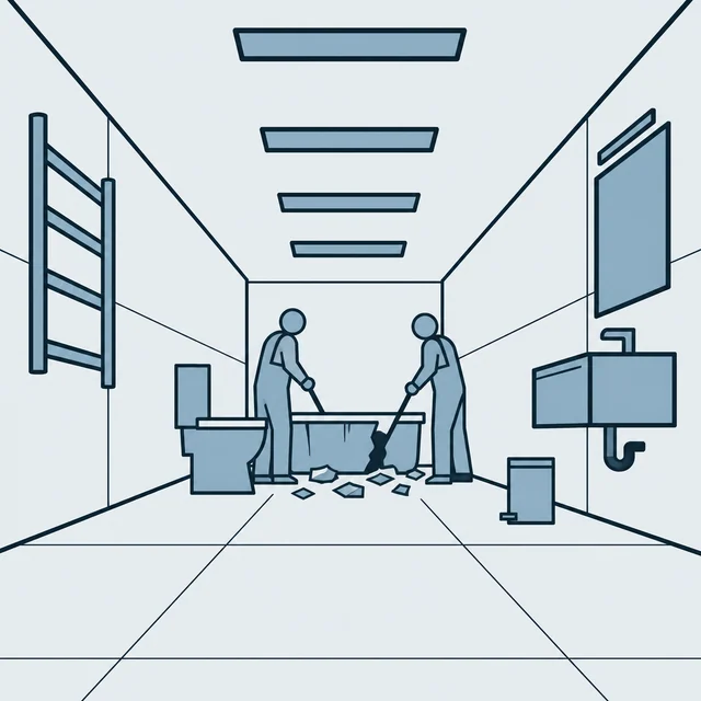 Draft of two faceless workers dismantling the bathtub