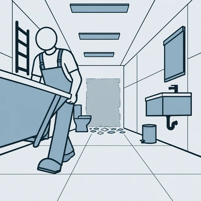 Draft of a worker carrying the old bathtub out of the room