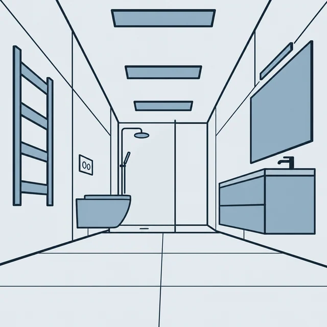 Draft of the renovated bathroom with a walk-in shower and new vanity