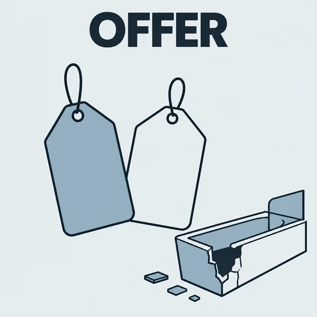 Flat offer draft with two blank hanging tags and a broken bathtub
